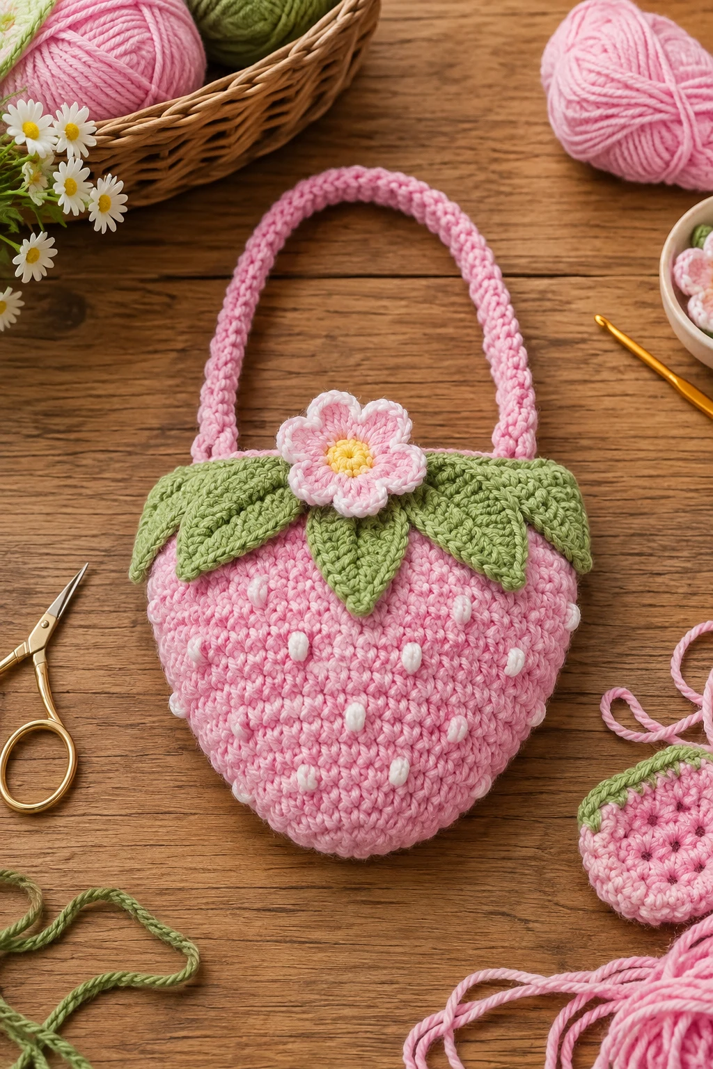 Pink Strawberry Mini Bag — crochet strawberry bag style outfit