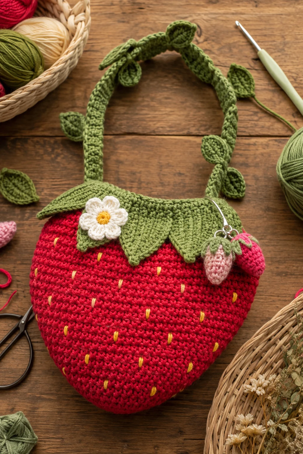 Crochet Strawberry Bag With a Leafy Handle — crochet strawberry bag style outfit