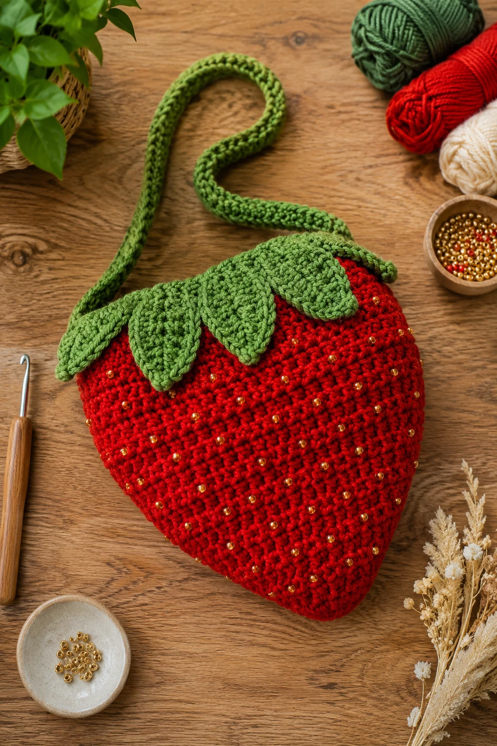 Crochet Strawberry Bag With Beaded Seeds — crochet strawberry bag style outfit