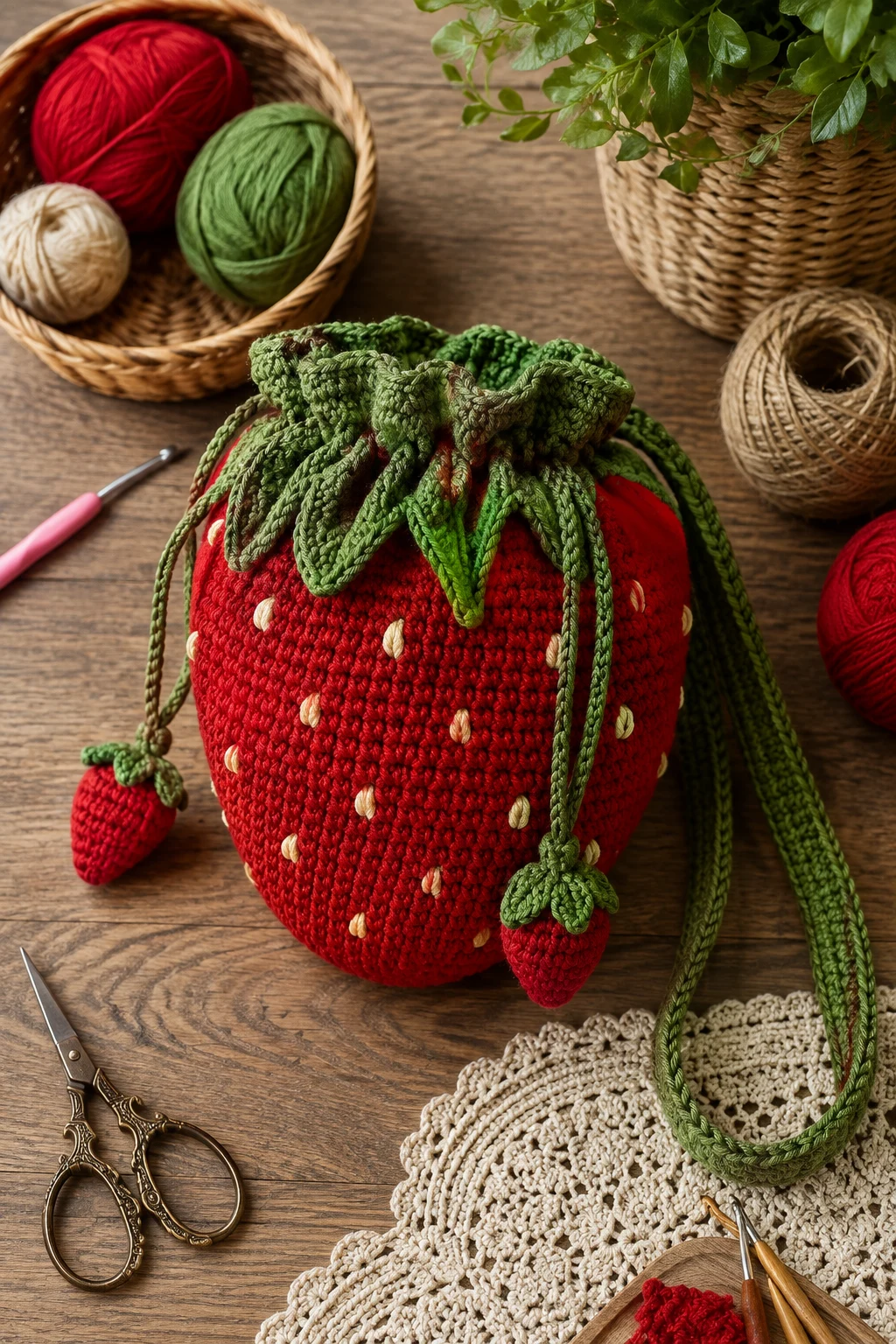Strawberry Drawstring Bucket Bag — crochet strawberry bag style outfit