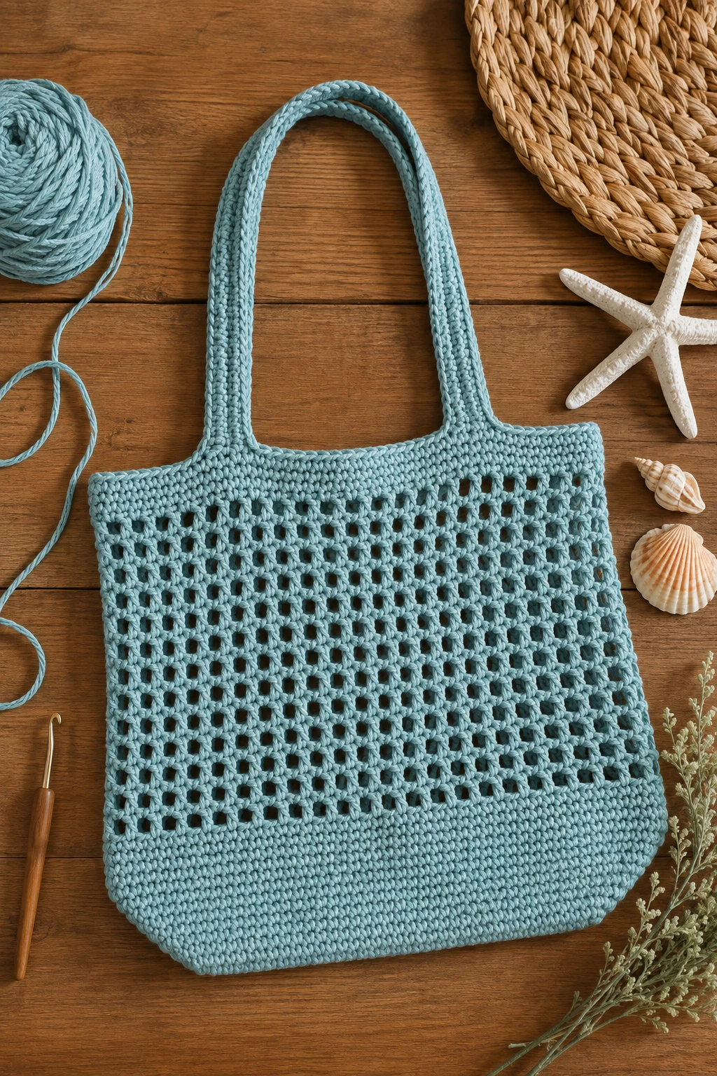 Coastal Blue Mesh Tote — crochet tote bag ideas style outfit