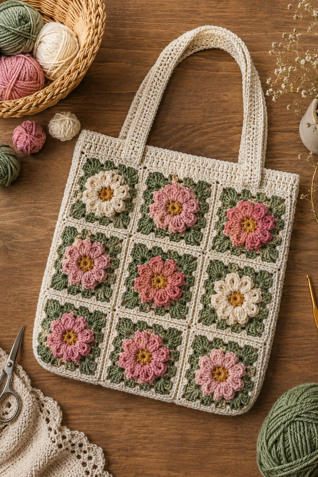 Floral Granny Square Tote — crochet tote bag ideas style outfit