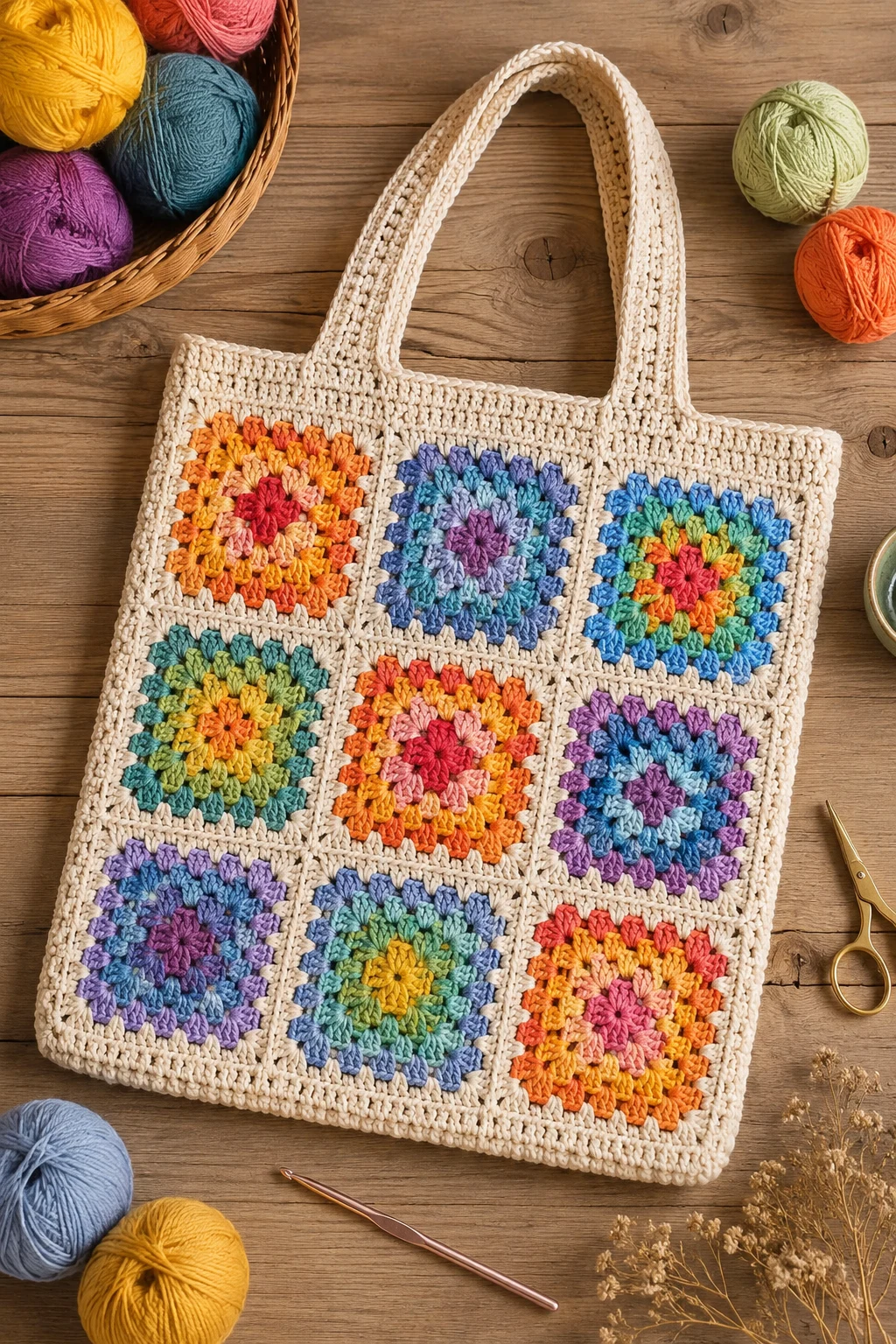 Rainbow Granny Square Tote — crochet tote bag ideas style outfit