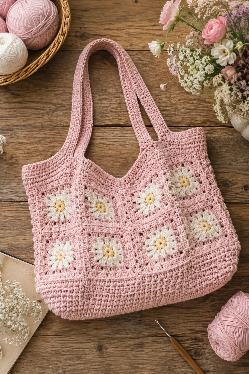 Soft Pink Cottagecore Tote — crochet tote bag ideas style outfit