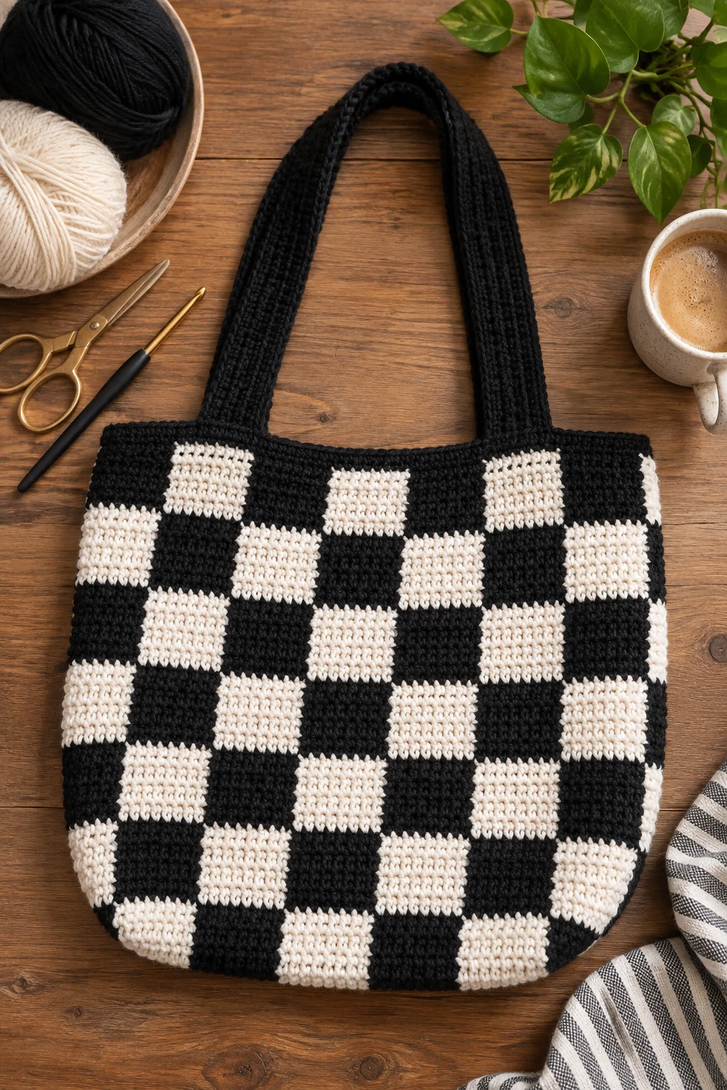 Black-and-White Checkerboard Tote — crochet tote bag ideas style outfit