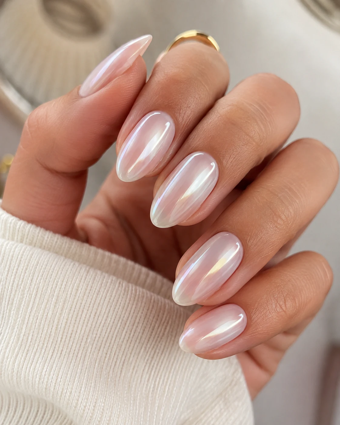 Milky Glazed Cute Short Almond Nails — cute short almond nails style outfit