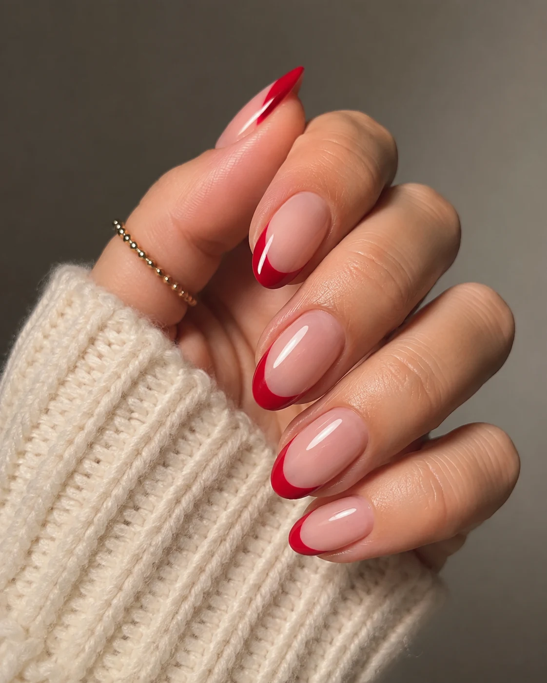 Cherry Red French Tips on Cute Short Almond Nails — cute short almond nails style outfit