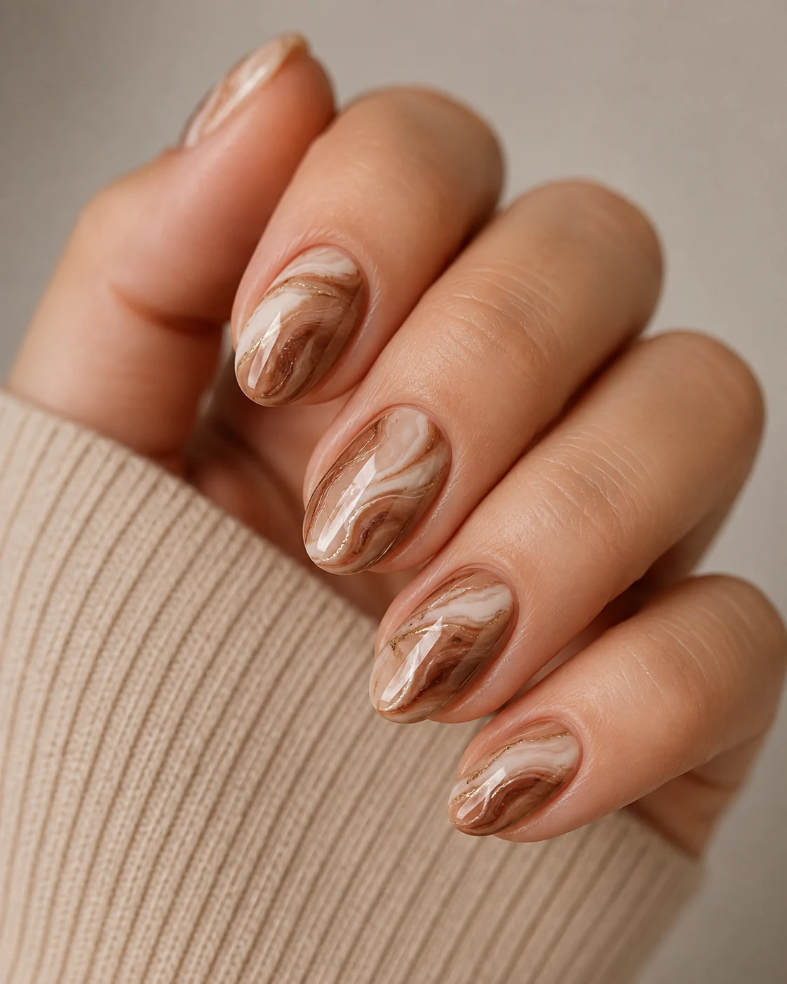Mocha Latte Marble Cute Short Almond Nails — cute short almond nails style outfit