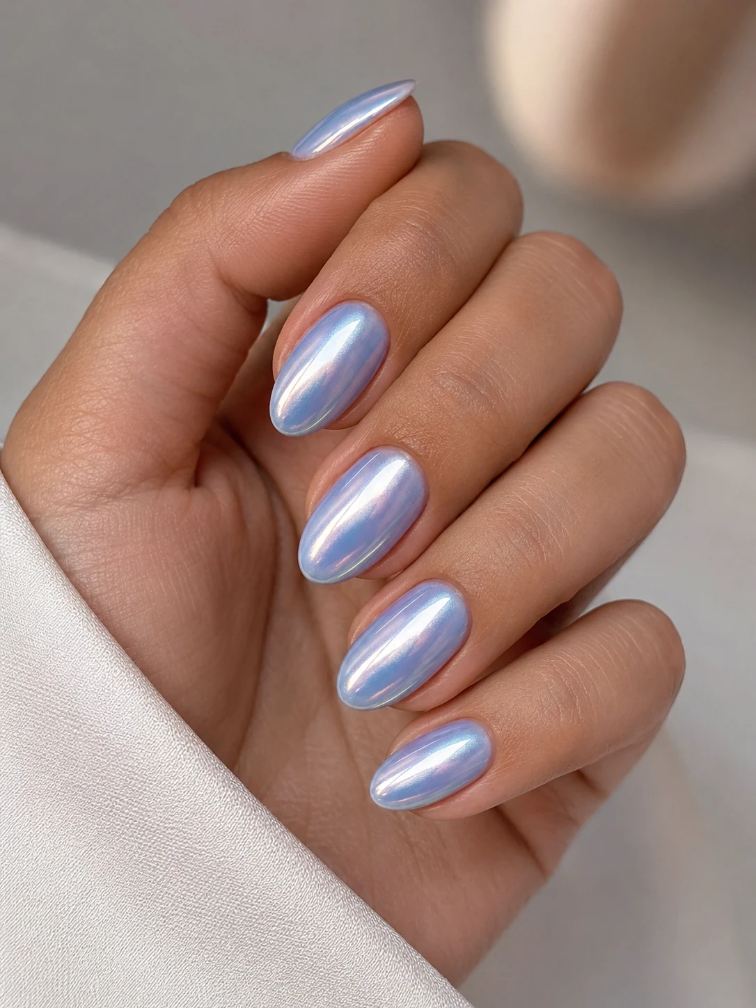 Baby Blue Chrome Cute Short Almond Nails — cute short almond nails style outfit