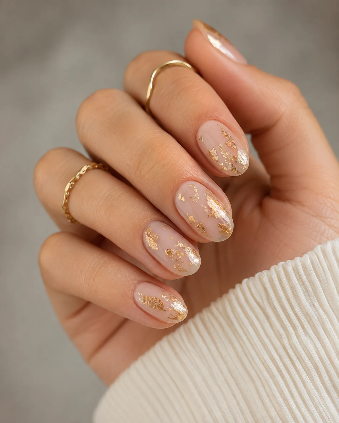 Gold Foil neutral Cute Short Almond Nails — cute short almond nails style outfit