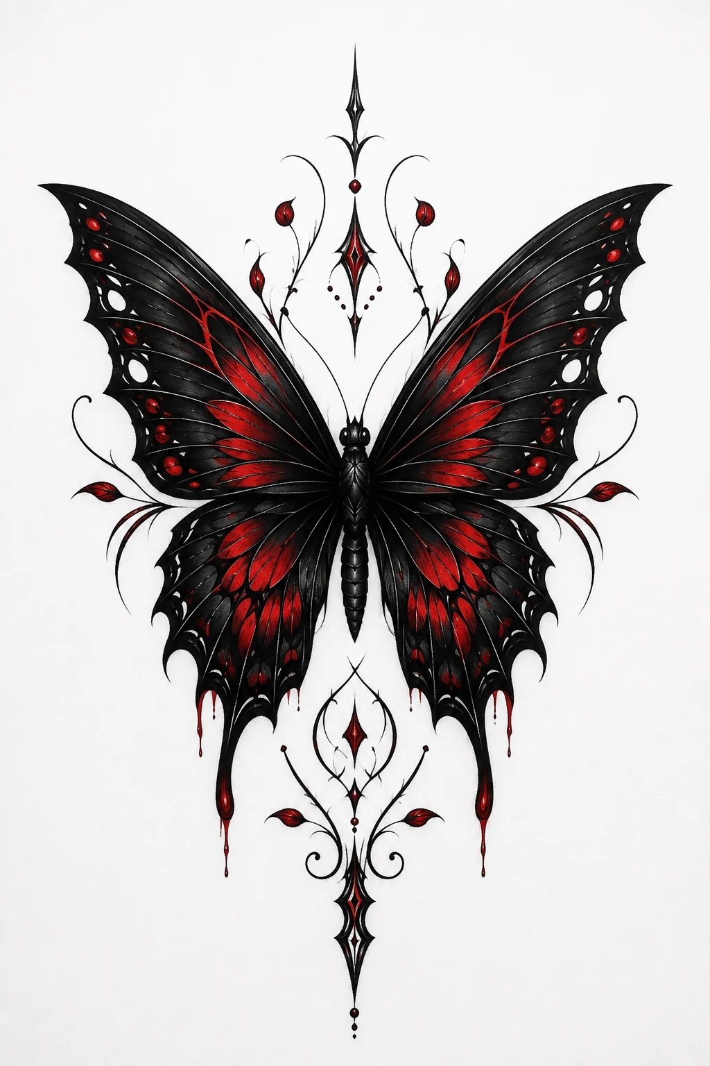 Crimson Night — Black Wings With Red Details — dark butterfly tattoo style outfit