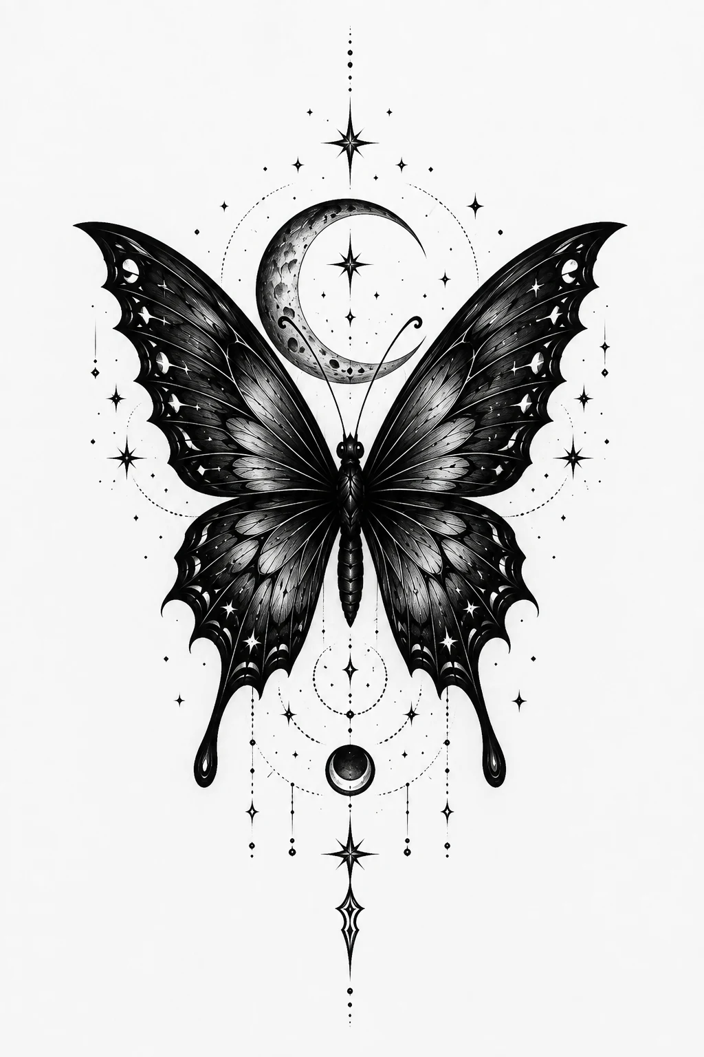 Moonlit Wings — Butterfly With Celestial Details — dark butterfly tattoo style outfit