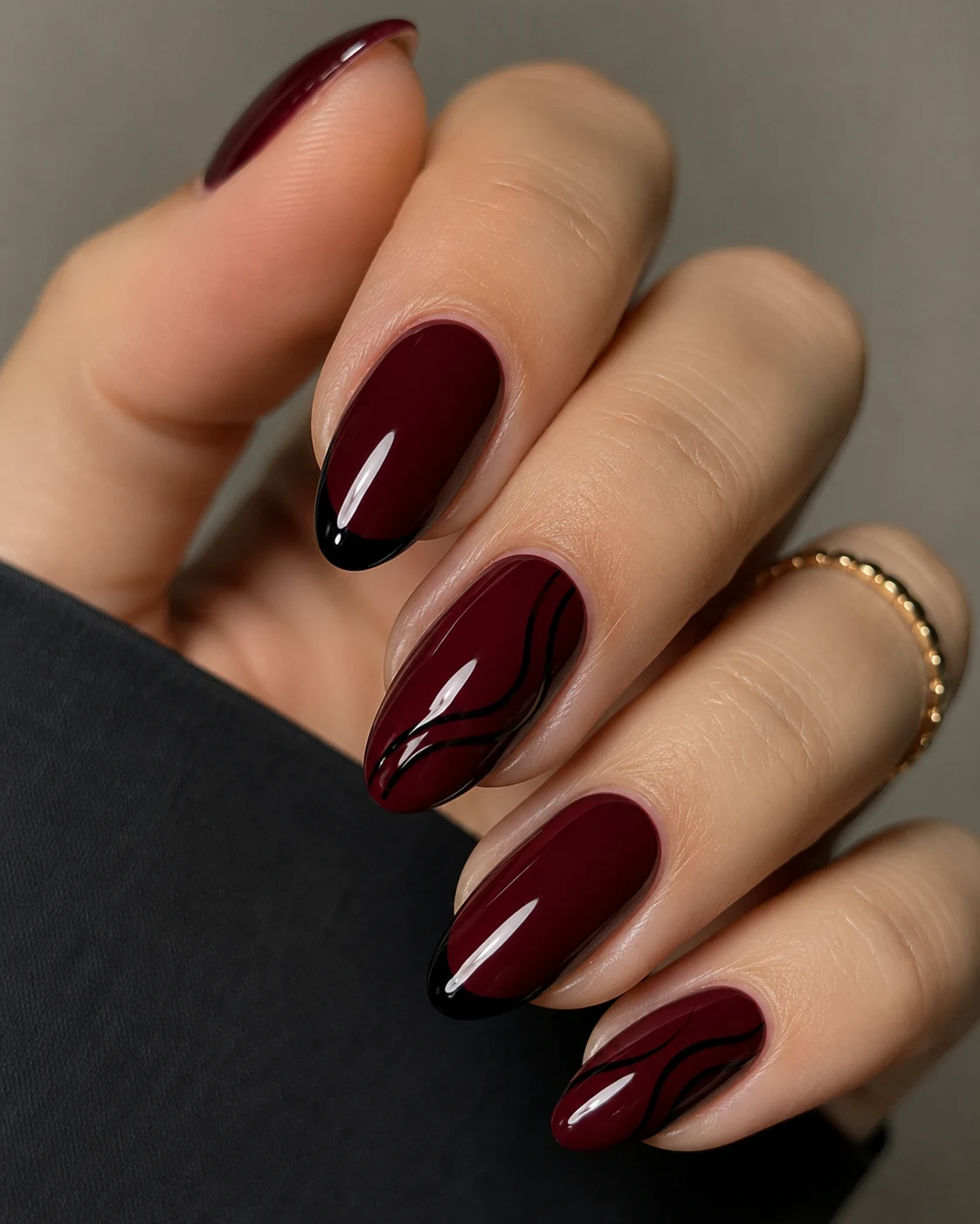 Dark Cherry Red Nail With Black Accents — dark cherry red nail style outfit
