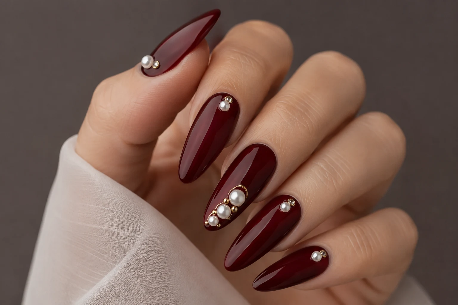 Dark Cherry Red Nail With Pearl Accents — dark cherry red nail style outfit