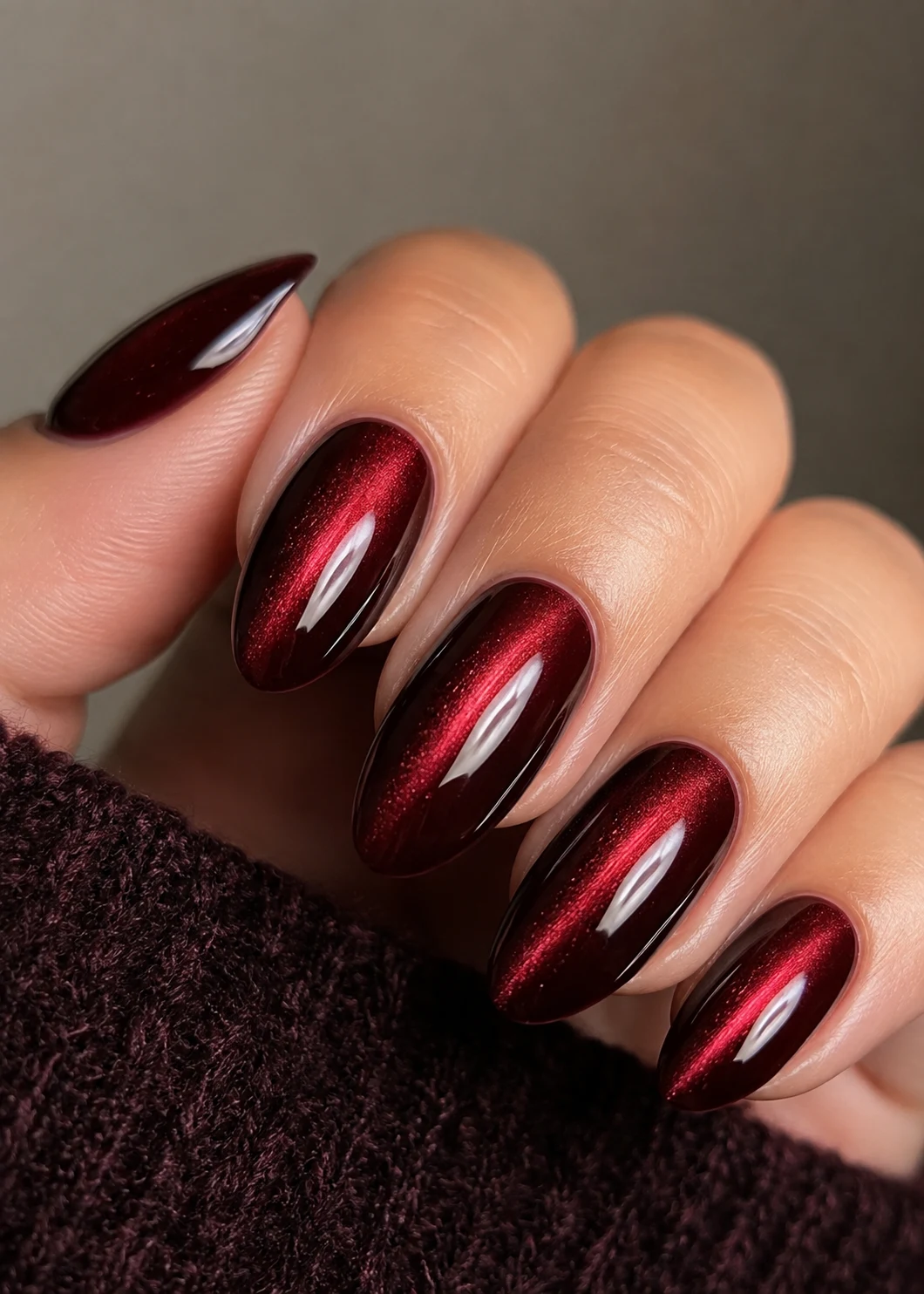 Dark Cherry Red Cat-Eye Nails — dark cherry red nail style outfit