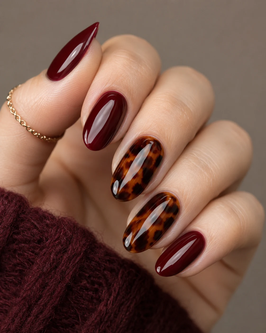 Dark Cherry Red Nail With Tortoiseshell Accents — dark cherry red nail style outfit