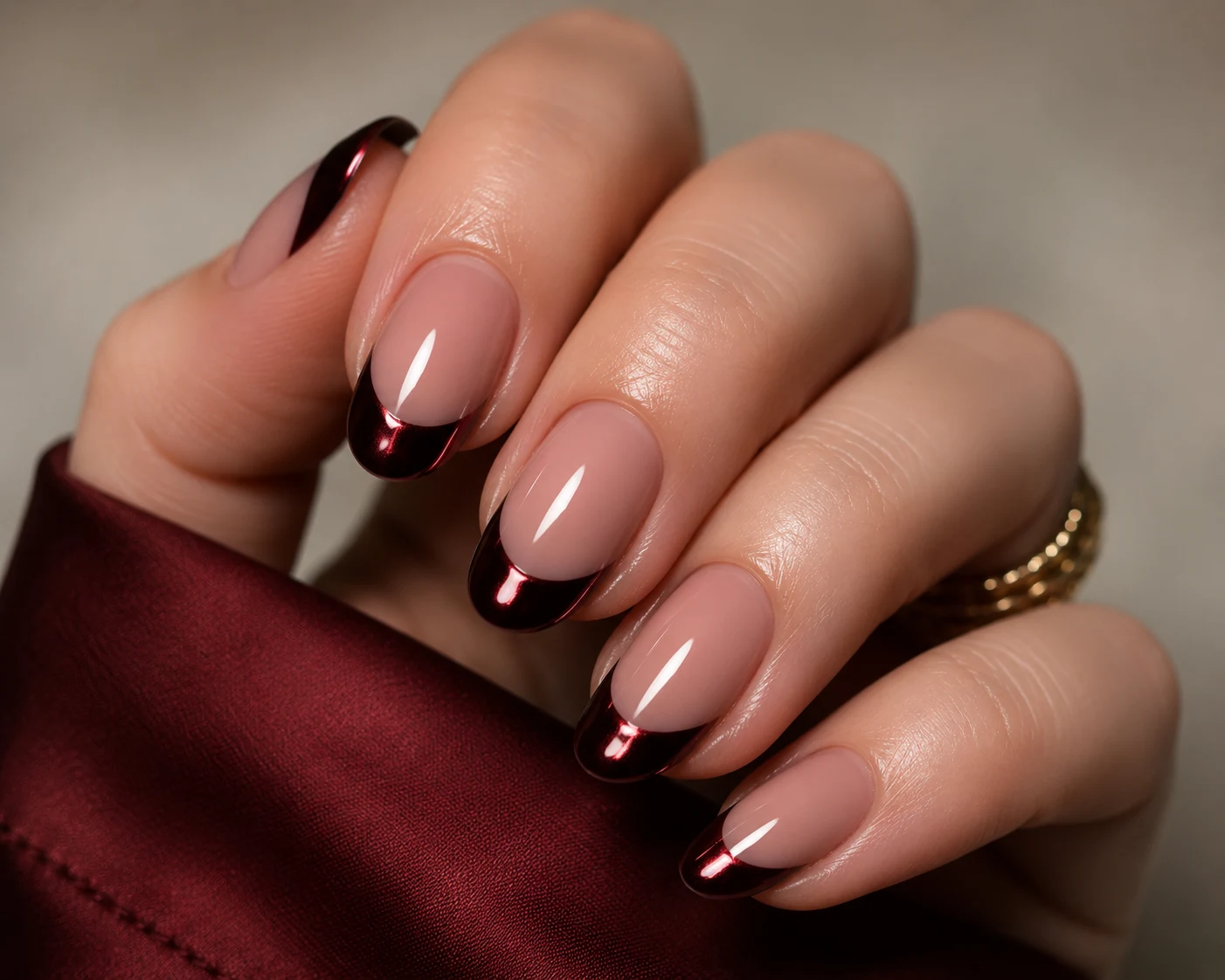 Dark Cherry Red Chrome French Tips — dark cherry red nail style outfit