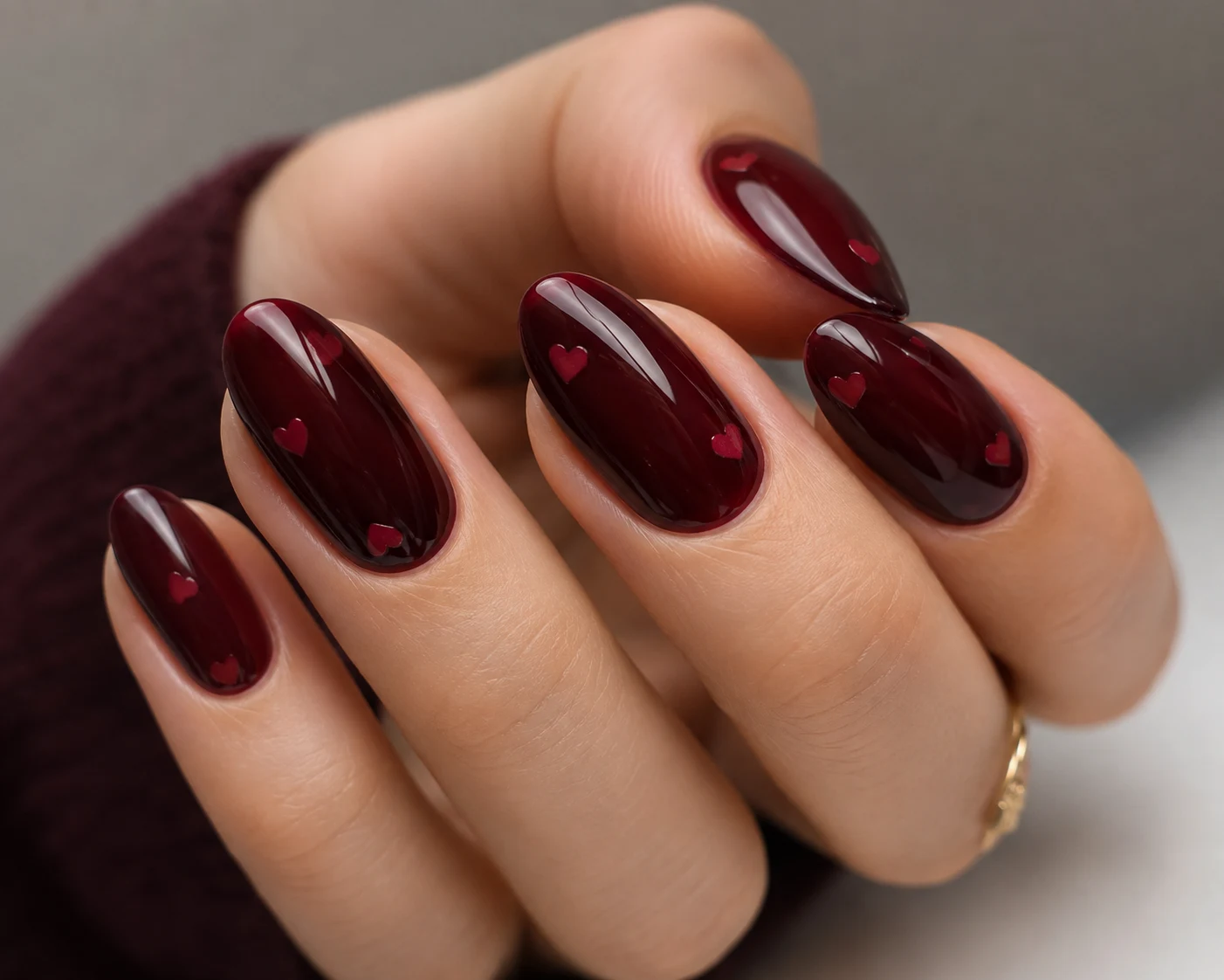 Dark Cherry Red Nail With Tiny Hearts — dark cherry red nail style outfit