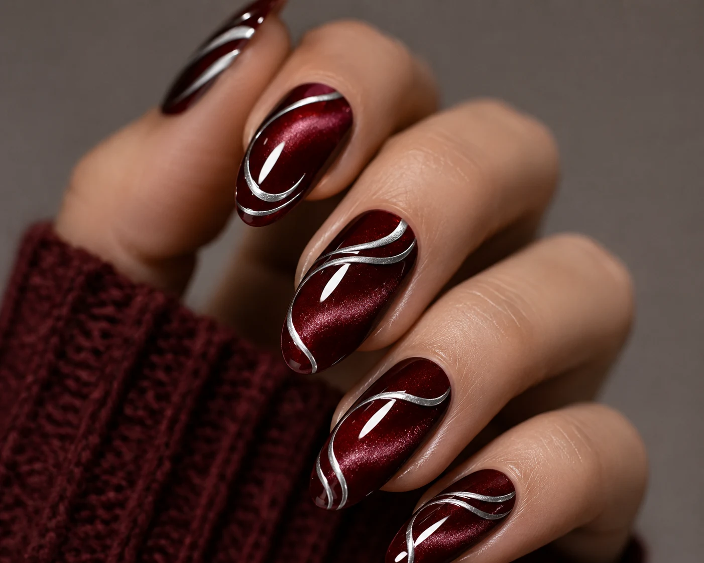 Dark Cherry Red Nail With Silver Swirls — dark cherry red nail style outfit