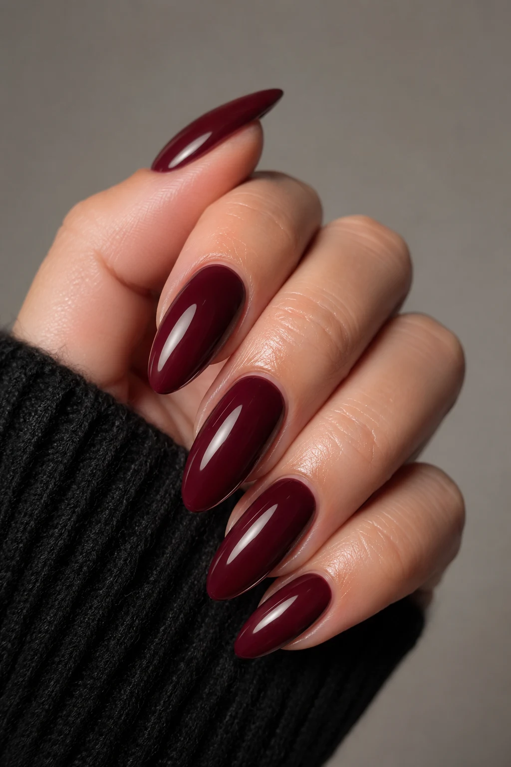 Dark Cherry Red Nails Almond — dark cherry red nail style outfit