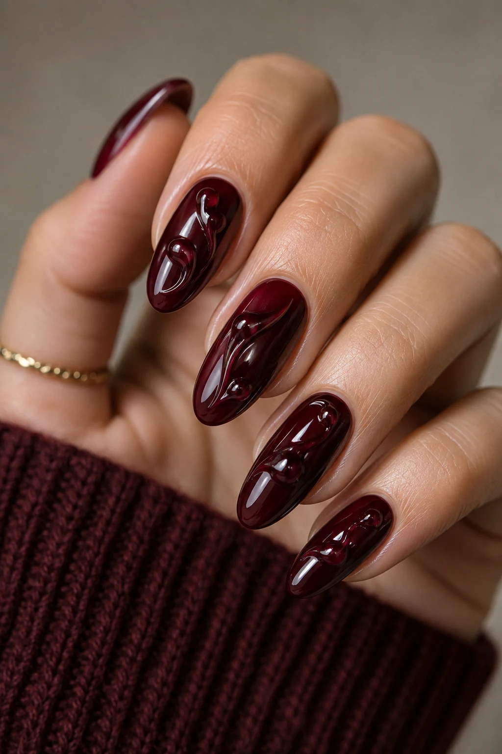 Dark Cherry Red Nail With Glossy 3D Details — dark cherry red nail style outfit