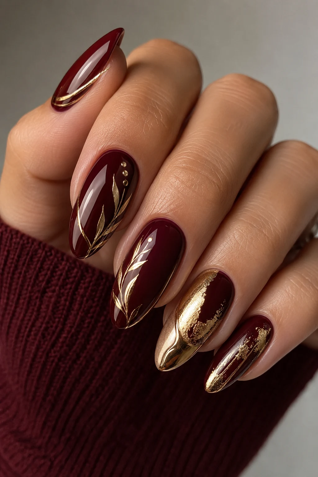 Dark Cherry Red Nail With Gold Details — dark cherry red nail style outfit