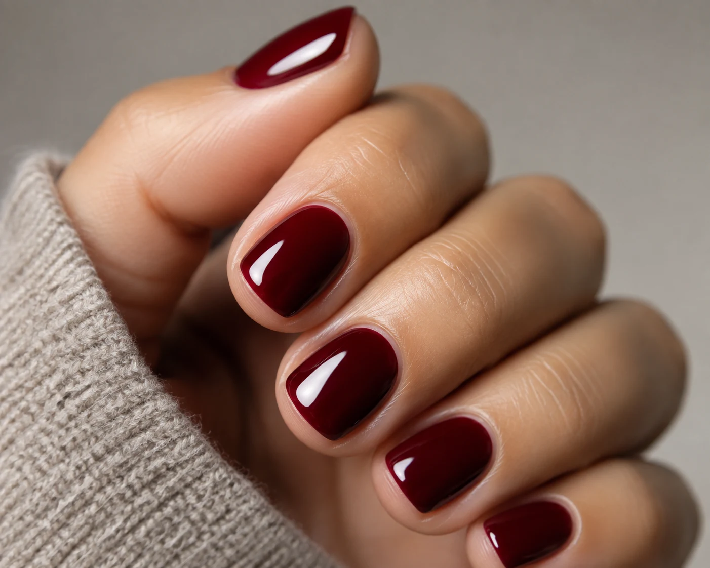 Short Dark Cherry Red Nail — dark cherry red nail style outfit