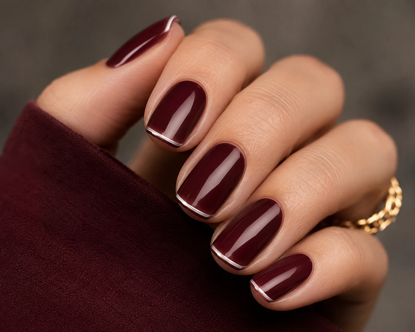 Dark Cherry Red Nail With Micro-French Details — dark cherry red nail style outfit