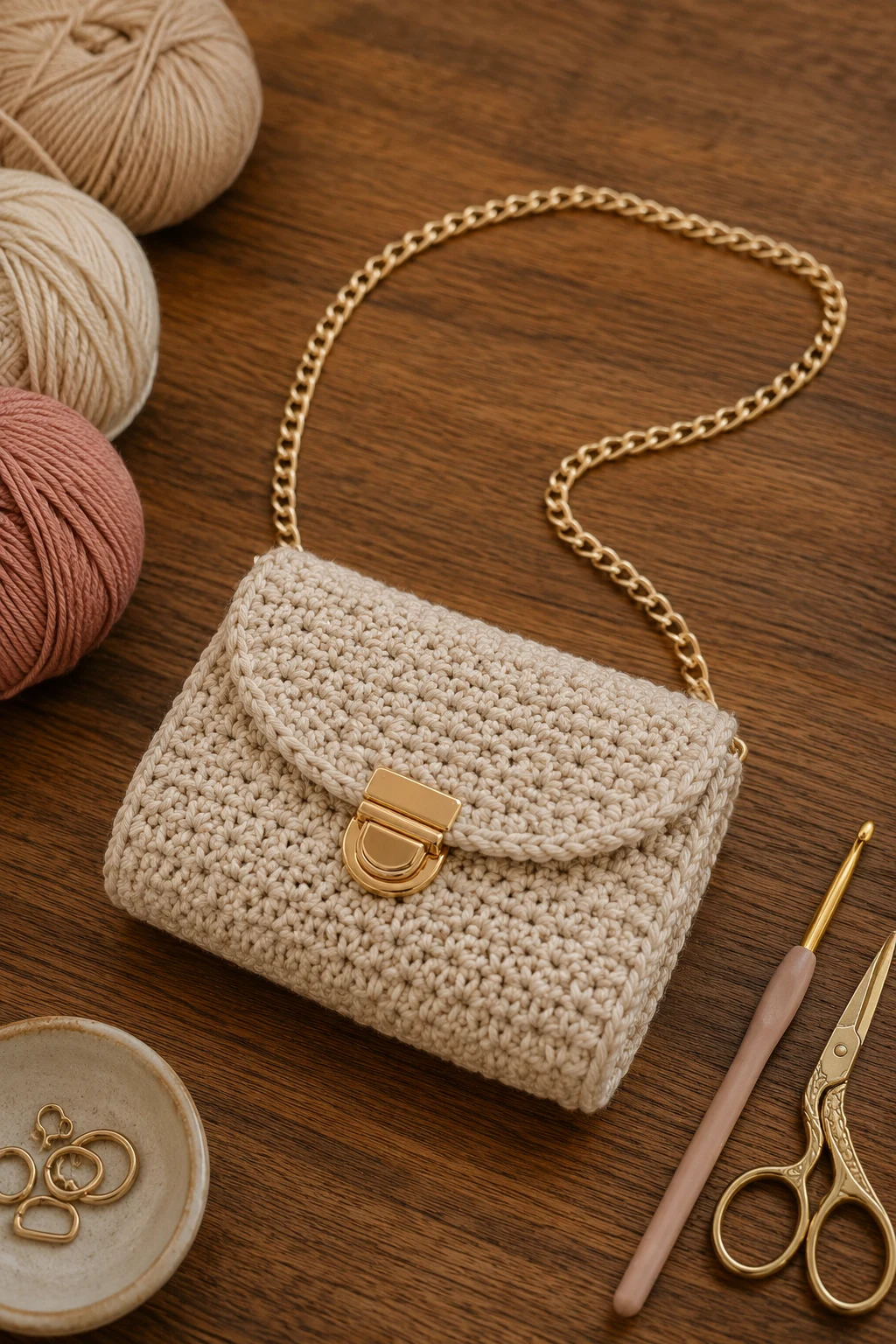 Tiny Evening Bag With a Chain Strap — easy crochet bag style outfit