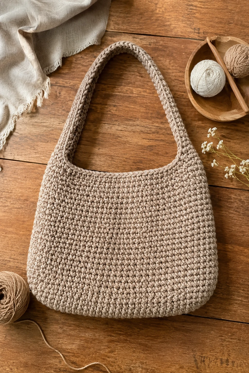 Chunky Neutral Shoulder Bag — easy crochet bag style outfit