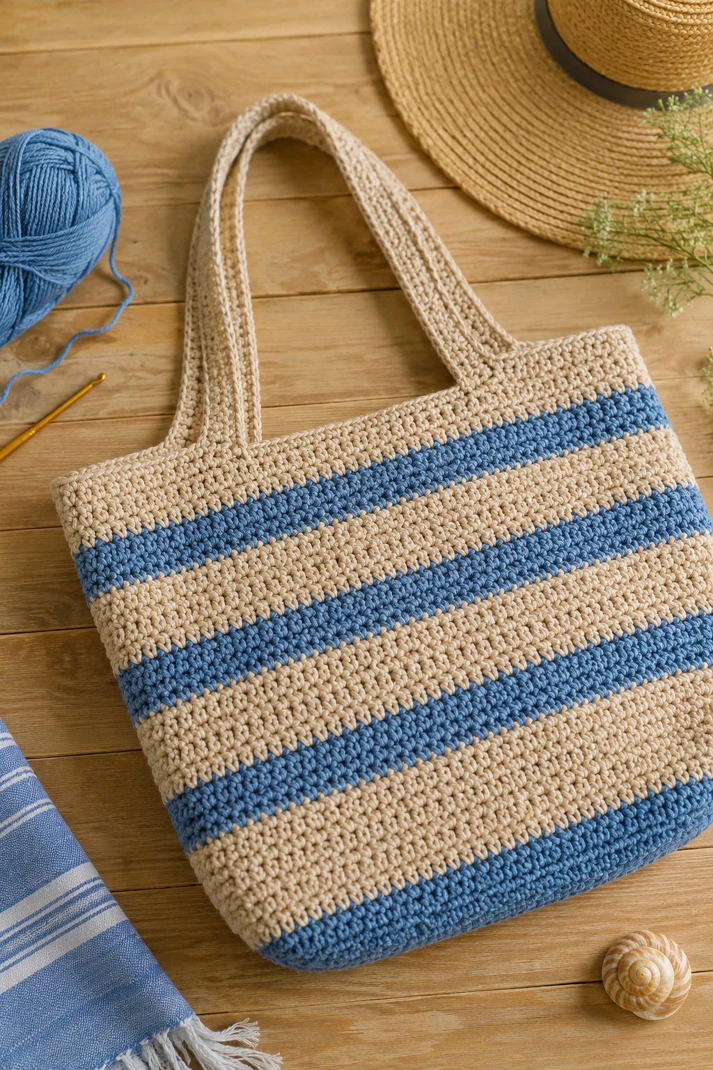Striped Beach Tote — easy crochet bag style outfit