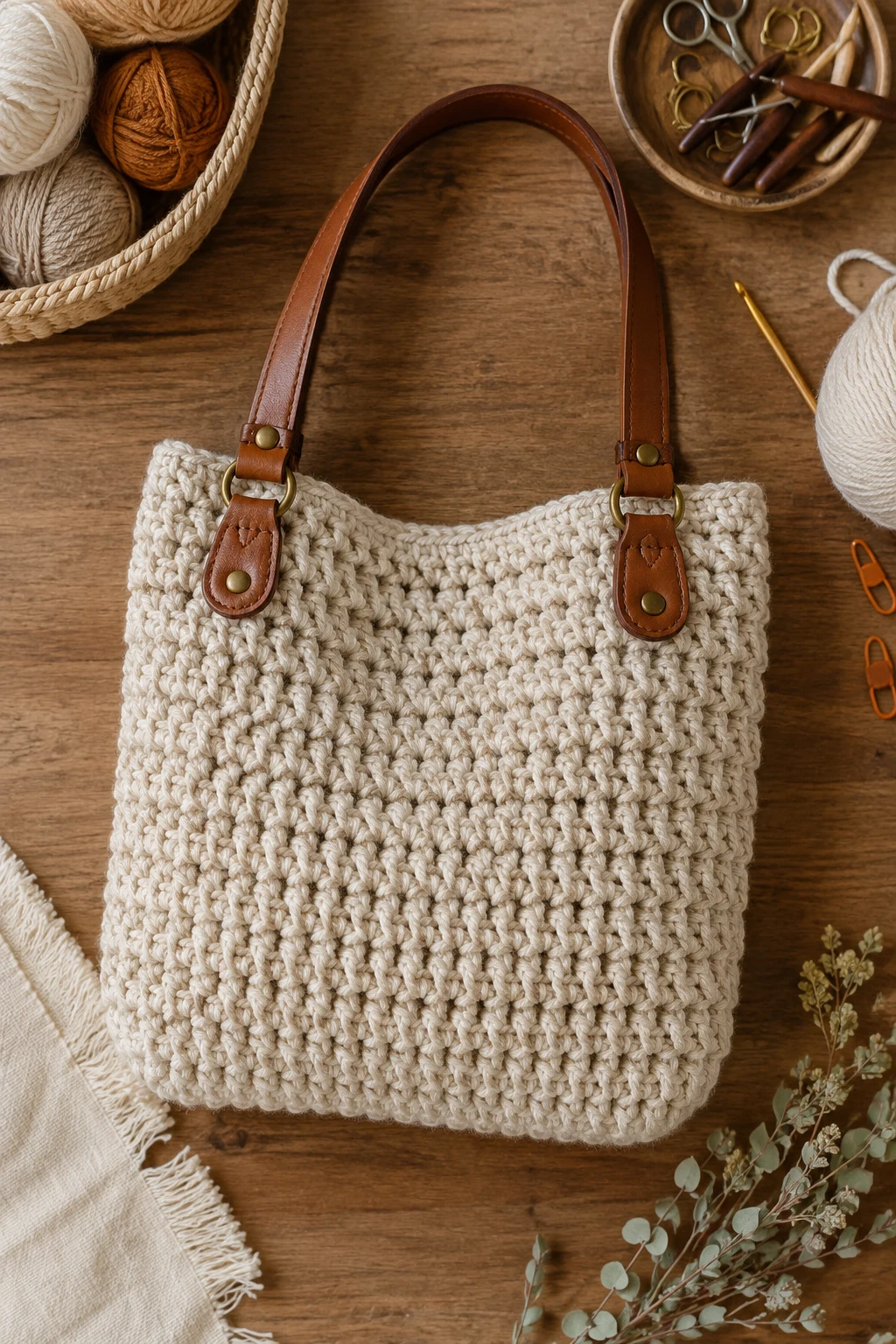 Crochet Bag With a Leather-Look Handle — easy crochet bag style outfit