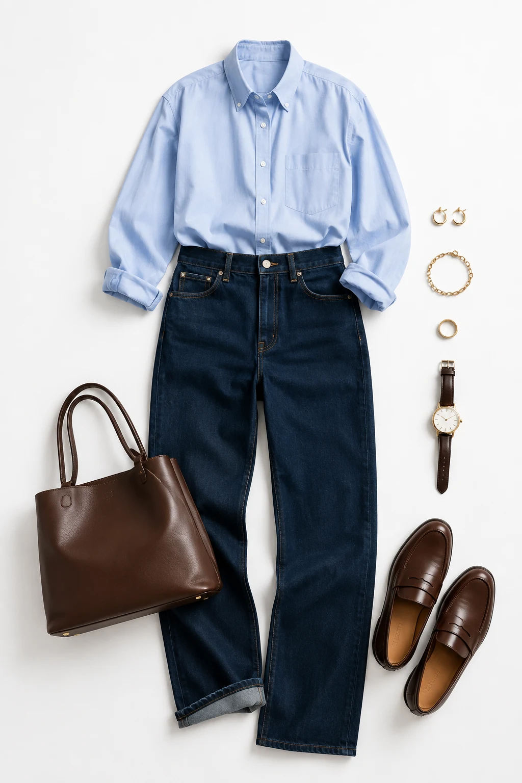 The Straight-Leg Denim Uniform: Dark Jeans, Oxford Shirt, Leather Shoes — Everyday Outfit style outfit