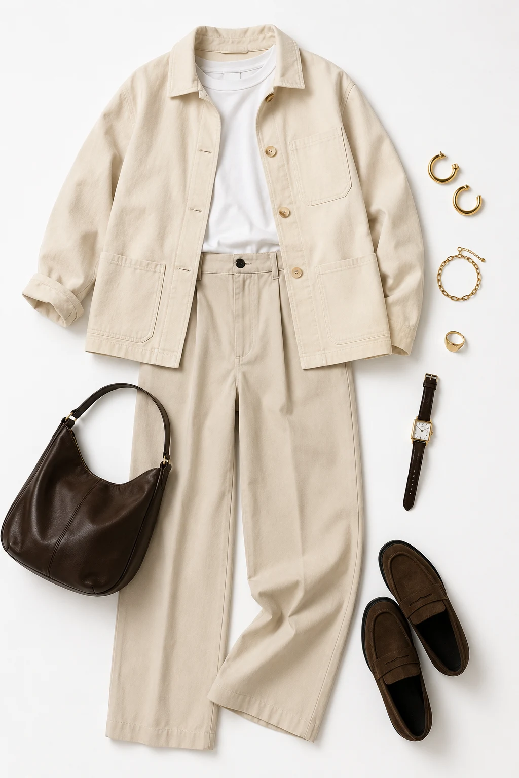The Chore-Jacket Combination: Ecru Jacket, Tee, Relaxed Trousers — Everyday Outfit style outfit