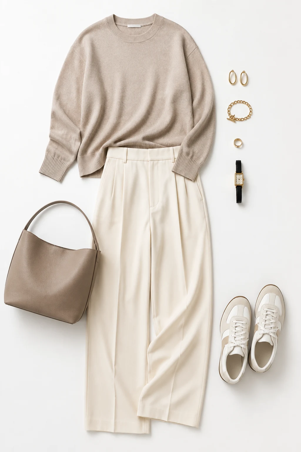The Minimalist Knitwear Look: Fine-Gauge Sweater, Trousers, Sneakers — Everyday Outfit style outfit