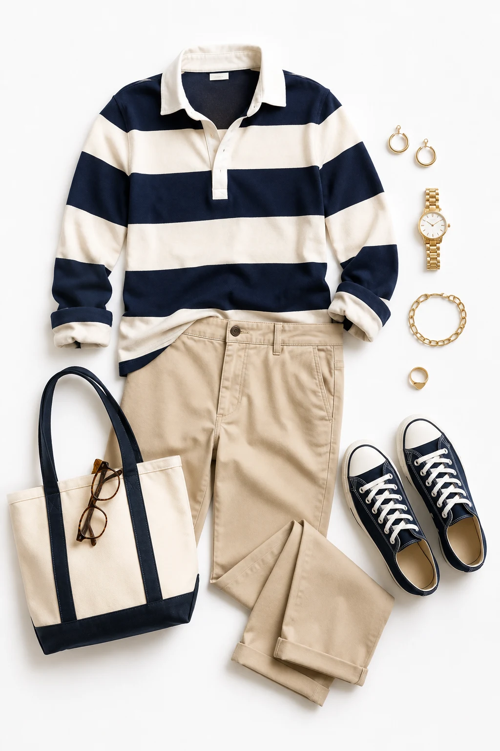 The Preppy Weekend Look: Rugby Shirt, Khakis, Canvas Sneakers — Everyday Outfit style outfit