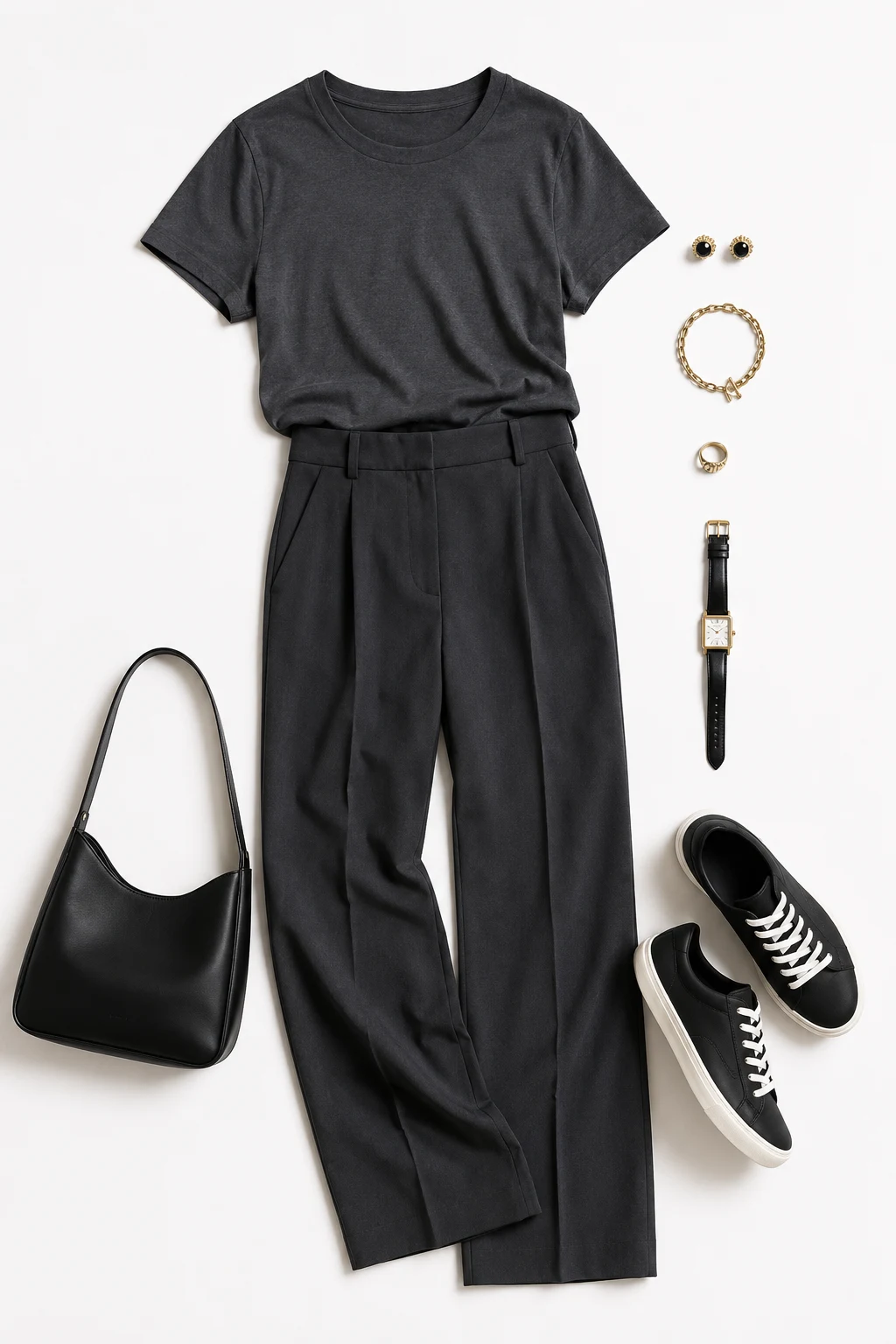 The Monochrome Everyday Outfit: Charcoal Tee, Trousers, Minimal Sneakers — Everyday Outfit style outfit