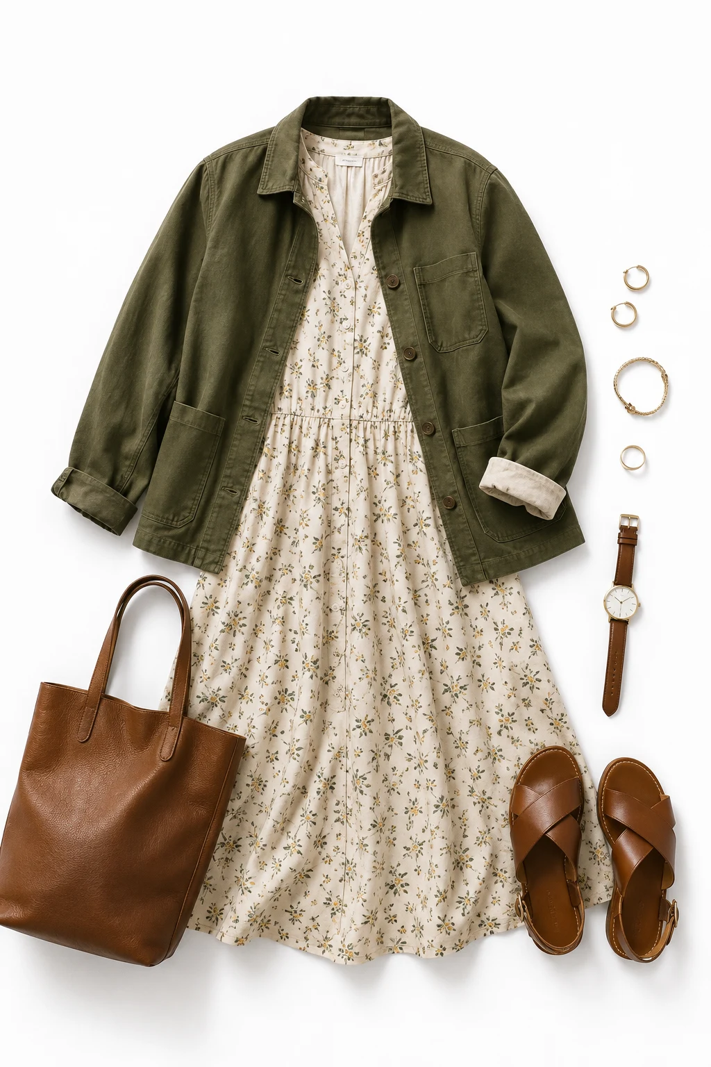 The Flowy Midi Dress: Cotton Dress, Leather Sandals, Chore Jacket — everyday outfits women style outfit
