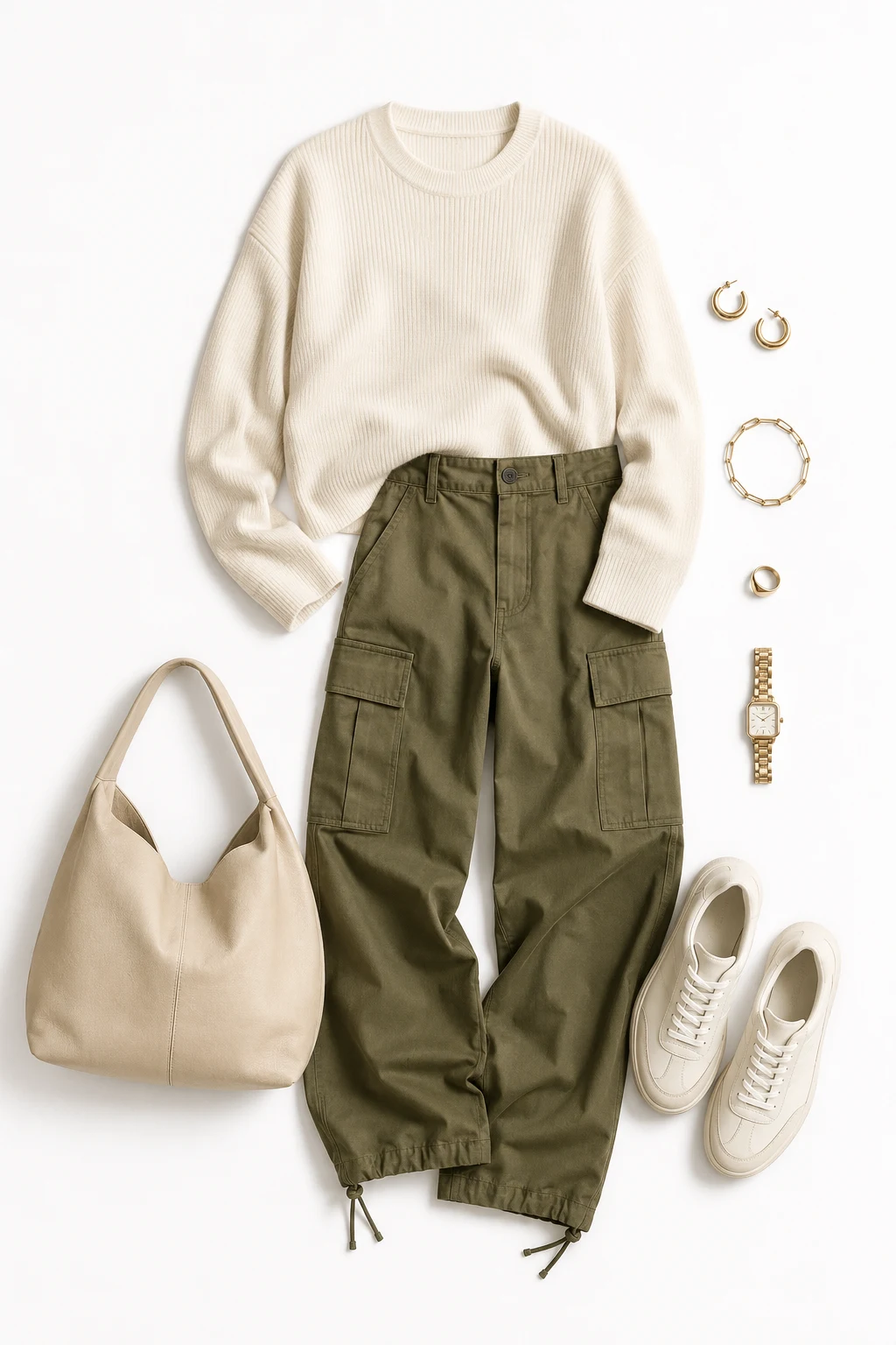 The Modern Utility Look: Cargo Trousers, Fine Knit, Minimal Sneakers — everyday outfits women style outfit
