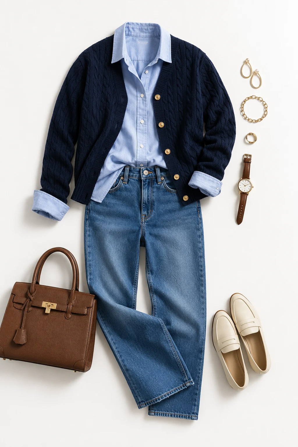 The Preppy Cardigan Formula: Oxford Shirt and Straight Denim — everyday outfits women style outfit