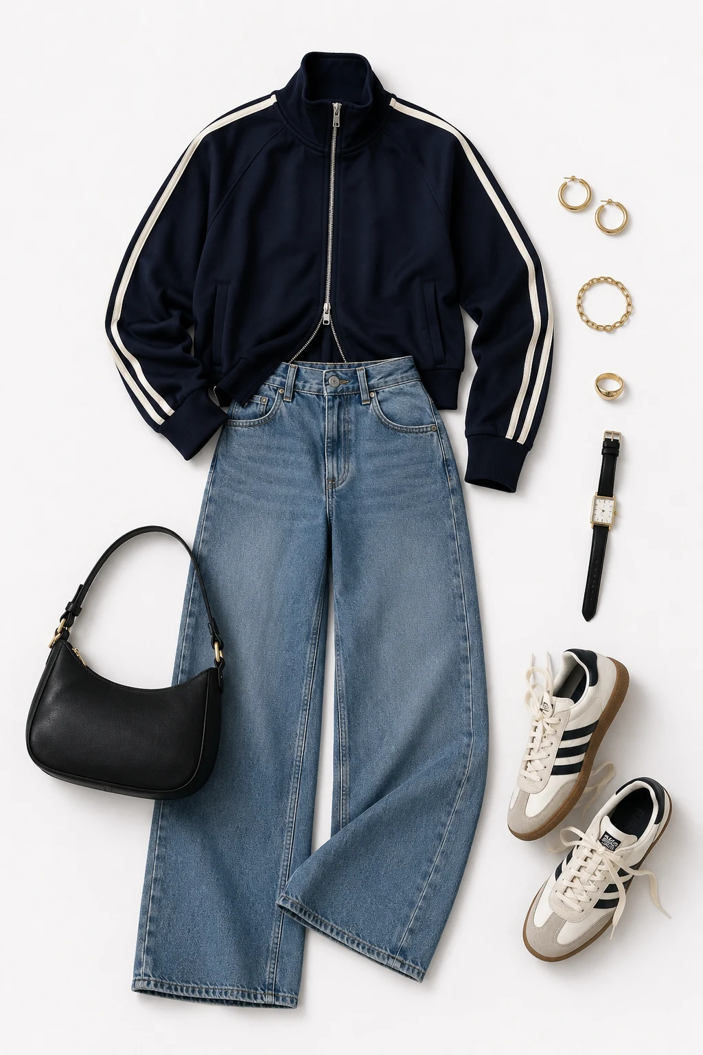 The Sporty Off-Duty Formula: Track Jacket, Wide-Leg Jeans, Retro Trainers — everyday outfits women style outfit