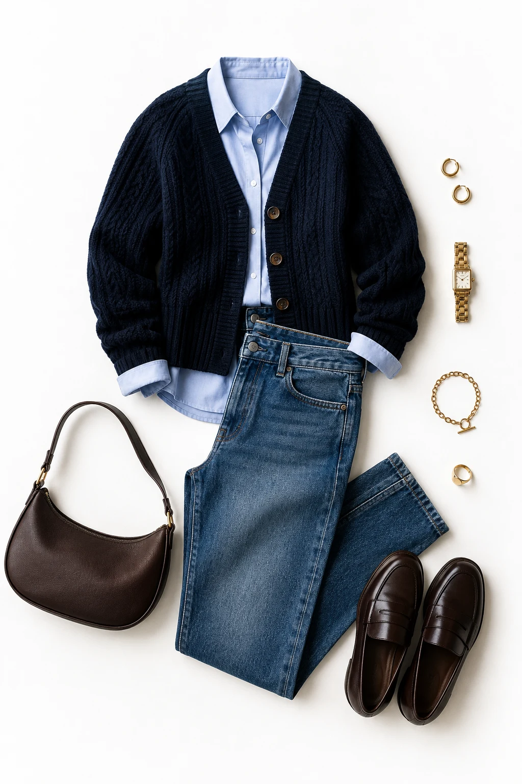 The Preppy Knit-and-Denim Formula: Cardigan, Oxford Shirt, Straight Jeans — everyday outfits women style outfit