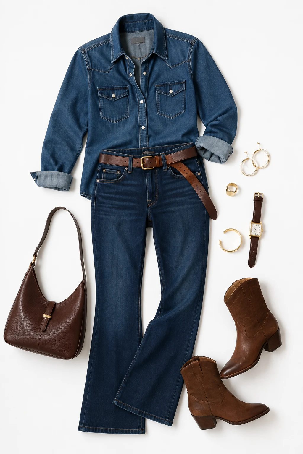The Western Without the Costume: Denim Shirt, Bootcut Jeans, Leather Belt — everyday outfits women style outfit