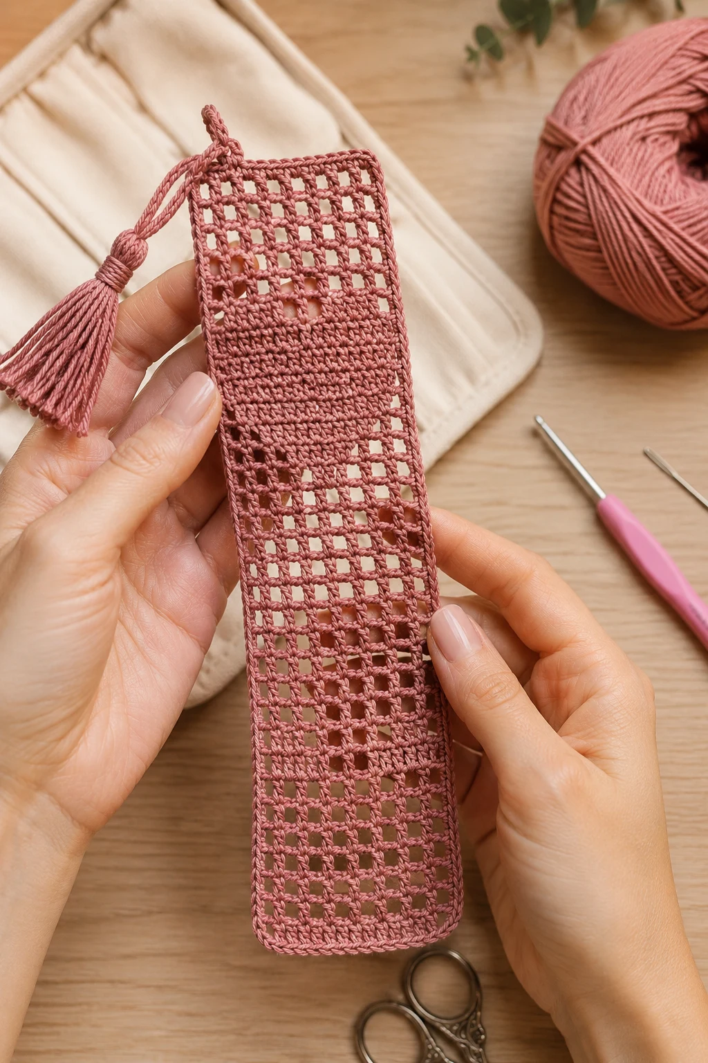 hands holding up the finished, completed filet crochet patterns using Sport-weight 100% cotton yarn: approximately 25 g / 100 m in dusty rose; Crochet hook: 3.0 mm (US C/2); Tapestry needle: 1, blunt-ended needle for weaving in ends; Small sharp scissors; Color: dusty rose up close, right after this final