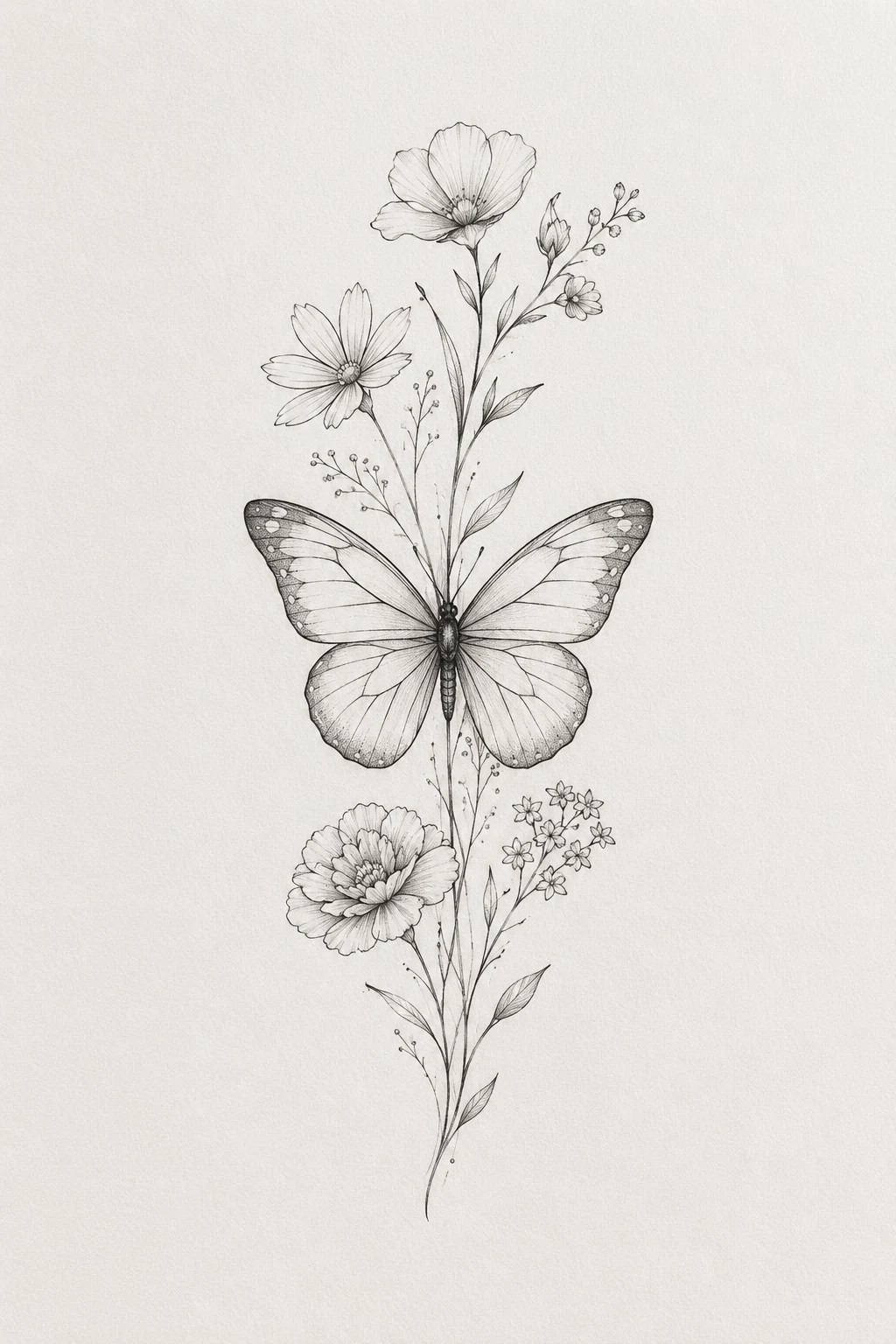 Butterfly With Birth Flowers — fineline butterfly tattoo style outfit