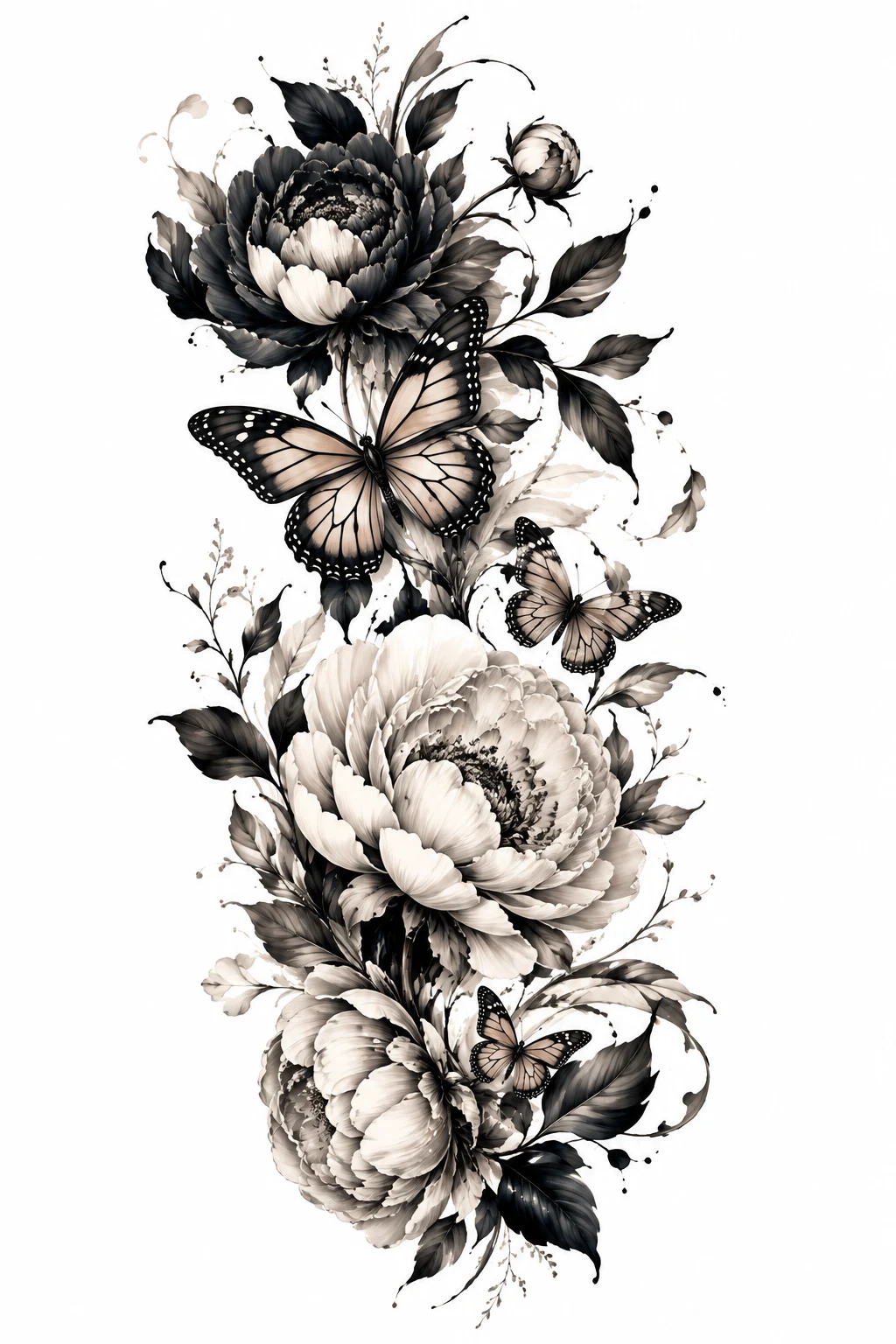 Realistic Butterfly and Peony Contrast — floral and butterfly sleeve tattoo style outfit