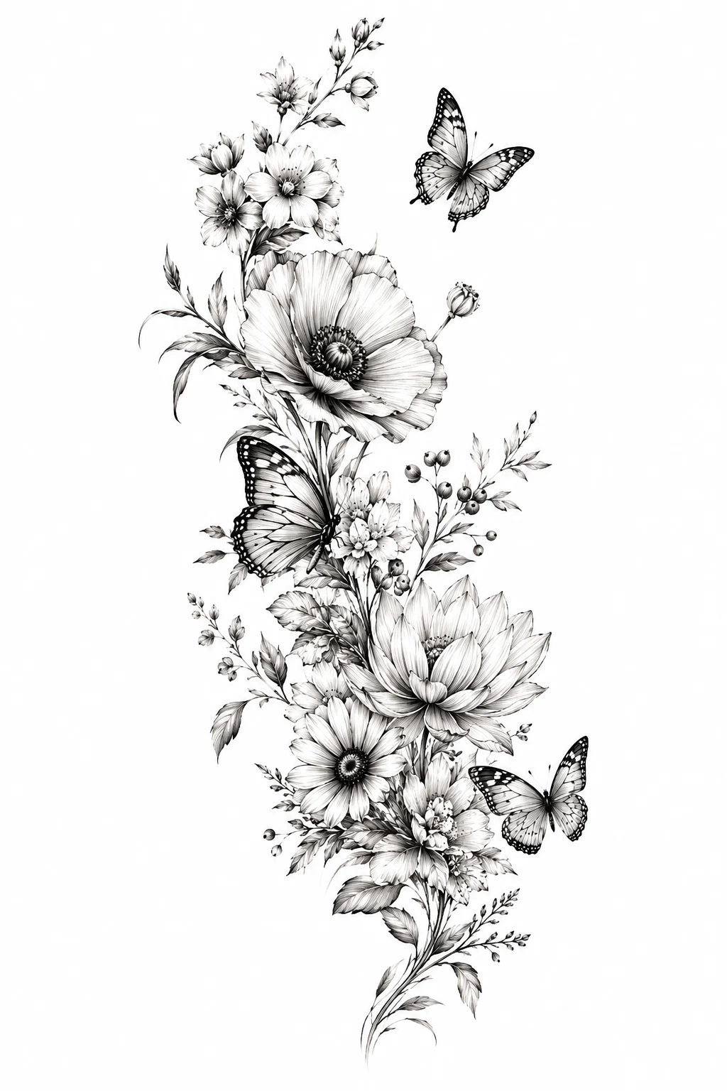 Birth Flower and Butterfly Story — floral and butterfly sleeve tattoo style outfit