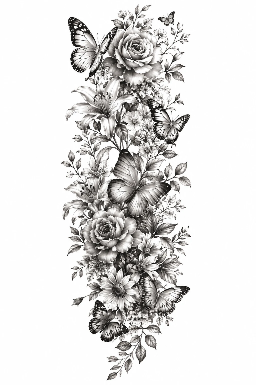 Full-Sleeve Butterfly Garden — floral and butterfly sleeve tattoo style outfit