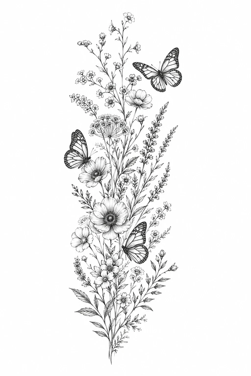 Fine-Line Wildflower Flight — floral and butterfly sleeve tattoo style outfit