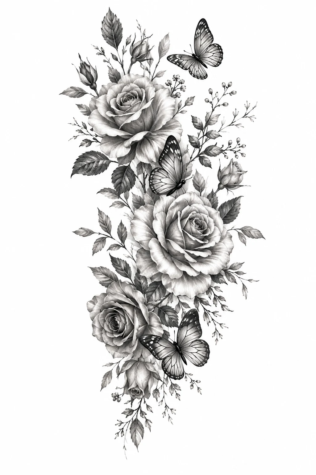 Black-and-Gray Rose Swarm — floral and butterfly sleeve tattoo style outfit